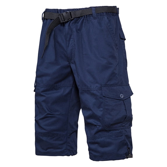 Fnnxeal Men’s Tactical Cargo Shorts with Integrated Belt – Cotton Multi-Pocket Utility Shorts Elastic Waistband Relaxed Fit Navy,Size 5XL