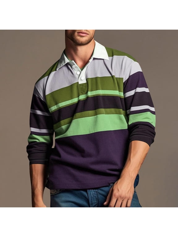 Men's XL Purple Rugby Shirt - Polyester Quick-Dry Wrinkle-Resistant, Retro Striped Casual Style for Everyday & Outdoor Wear