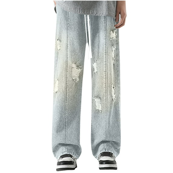 Fnnxeal Men's Yellow Ripped Wide Leg Jeans - Size M, 75% Rayon 25% Polyester, Soft Easy-Care, Drawstring Waist, Trendy Casual Wear for Young Adults