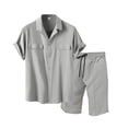 thumbnail image 1 of Fnnxeal Mens 2 Piece Outfit 100% Cotton Matching Short Sleeve Button Down Shirt and Shorts Set Gray Camp Collar with Pockets Casual Summer Vacation,Size L, 1 of 4
