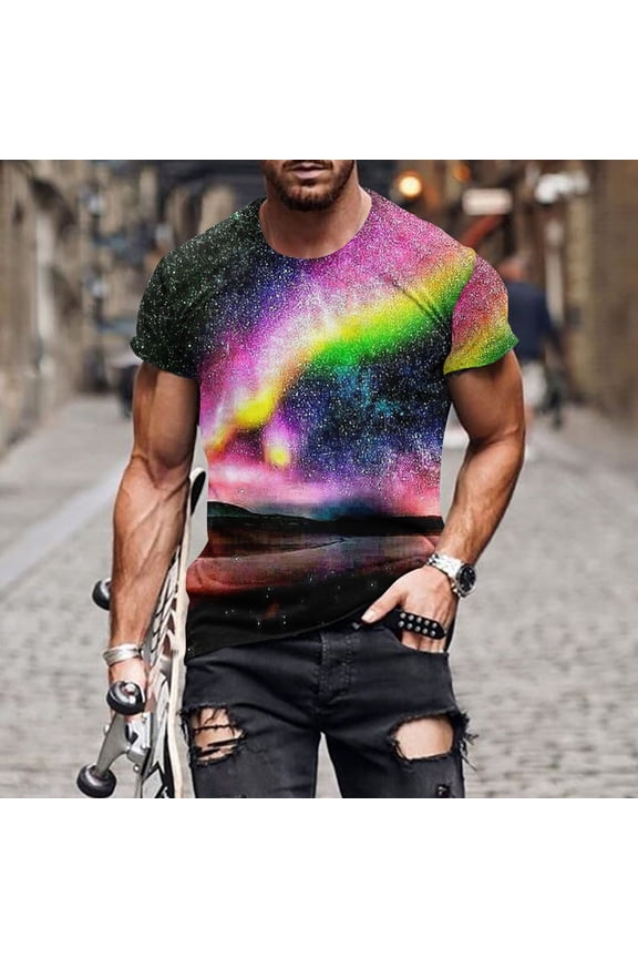 Mens 3D Optical Illusion Blue T-Shirt, Moisture Wicking Big & Tall Short Sleeve Tee, Geometric Print Casual Summer Top,Size XL