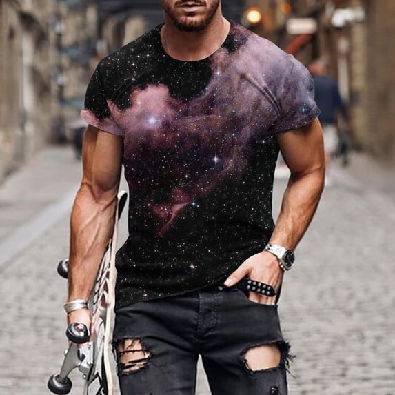 Fnnxeal Mens 3D Pink Galaxy Print T-Shirt Muscle Fit Short Sleeve Crew Neck Cosmic Nebula Tee for Workout Casual Skate Streetwear,Size 4XL