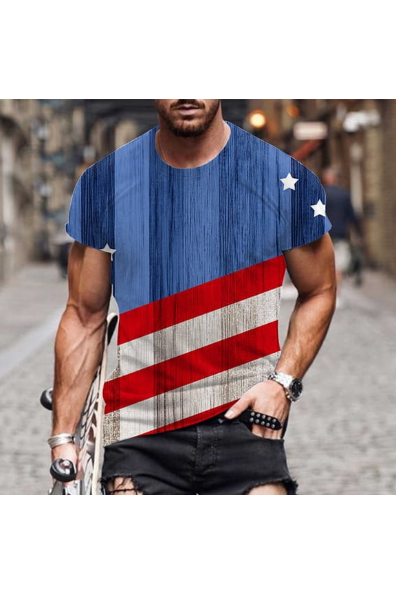 Mens 4th of July American Flag Shirt Light Blue Patriotic Muscle Fit All Over Print Tee Short Sleeve Memorial Day,Size 3XL