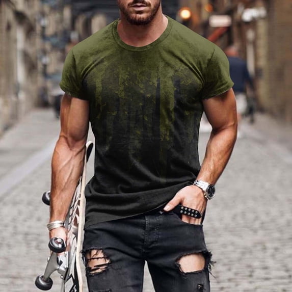 Fnnxeal Mens Army Green Gradient Drip Print Muscle Fit Short Sleeve T-Shirt 95% Polyester 5% Spandex Stretch M-5XL,Size M