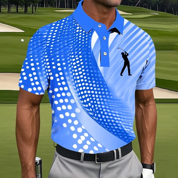 Fnnxeal Mens Golf Polo Shirt Print Button Collared Casual Summer Short Sleeves Blue Polo Shirts for Men Size 2XL