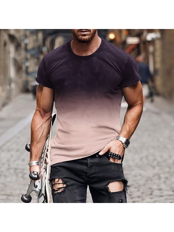 Mens Blue Gradient Ombre Muscle Fit T-Shirt Short Sleeve Crew Neck Performance Athletic Tee Casual Streetwear Top,Size XL
