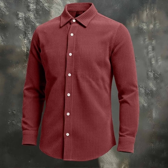 Fnnxeal Mens Button Down Shirt, Casual Long Sleeve Collared Long Sleeve Waffle Wine Button Up Shirt for Men Size 4XL