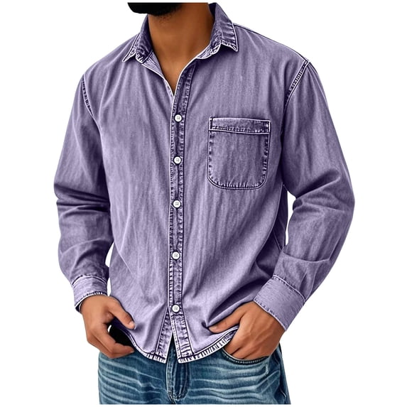 Fnnxeal Mens Button Down Shirt, Cotton Long Sleeve Casual Long Sleeve Collared Purple Button Up Shirt for Men Size M