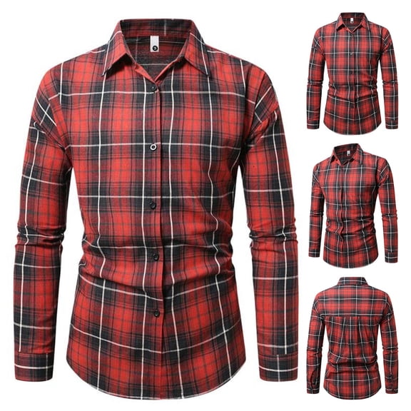 Fnnxeal Mens Button Down Shirt, Long Sleeve Casual Long Sleeve Collared Plaid Red Button Up Shirt for Men Size M
