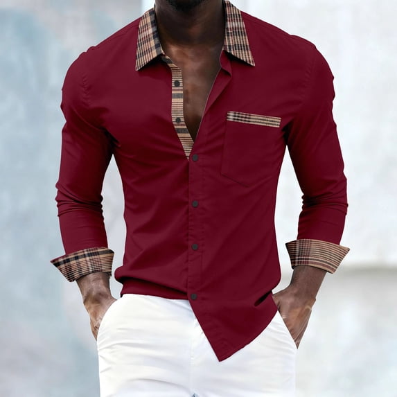 Fnnxeal Mens Button Down Shirt, Long Sleeve Collared Casual Solid Long Sleeve Wine Button Up Shirt for Men Size S