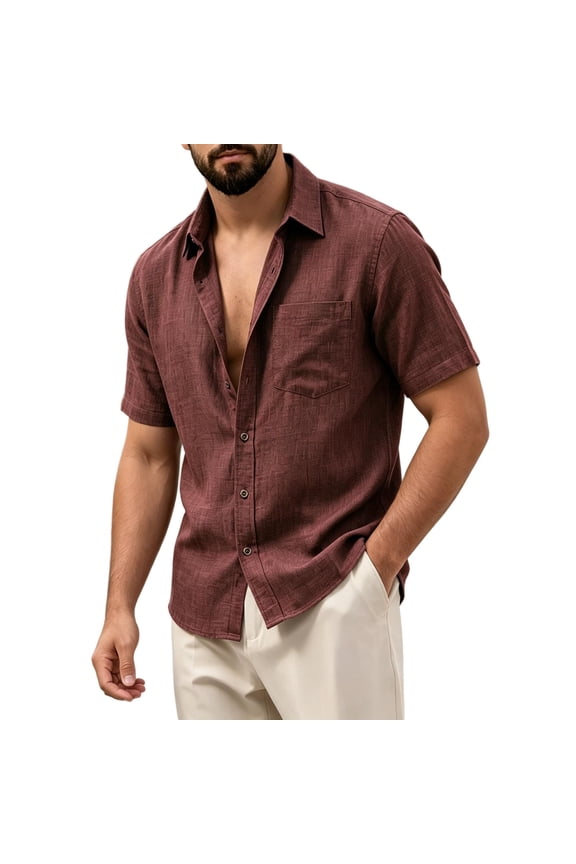 Mens Button Down Shirts Fashion Collared Shirt with Pocket Short Sleeve Casual Summer Wine Button Down Shirts for Men Size XL