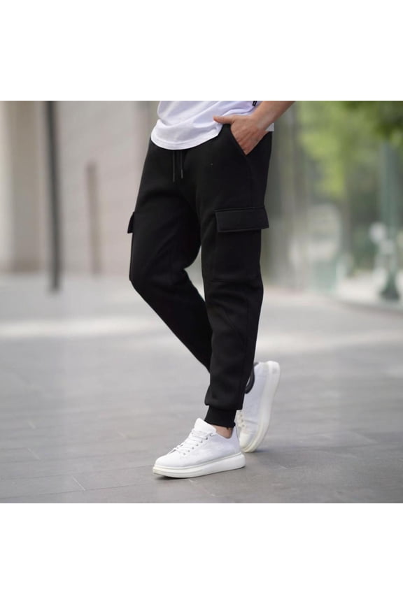 Mens Cargo Pants Casual Fleece Spring Fall Multi-Pockets beltless Solid Black Cargo Pants for Men Size M