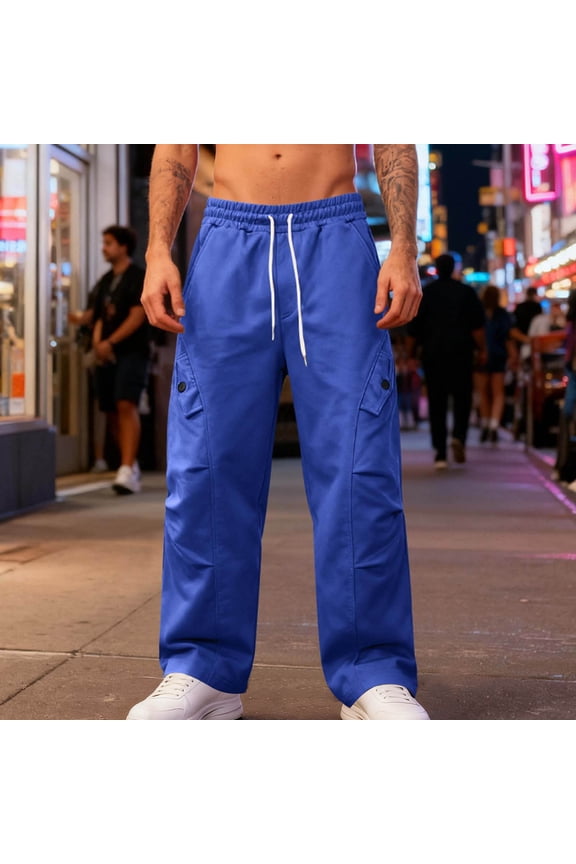 Mens Cargo Pants Multi-Pockets beltless Solid Casual Outdoor Spring Fall Blue Cargo Pants for Men Size L