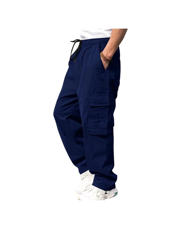 Mens Cargo Pants Outdoor Multi-Pockets beltless Solid Casual Spring Fall Navy Cargo Pants for Men Size S