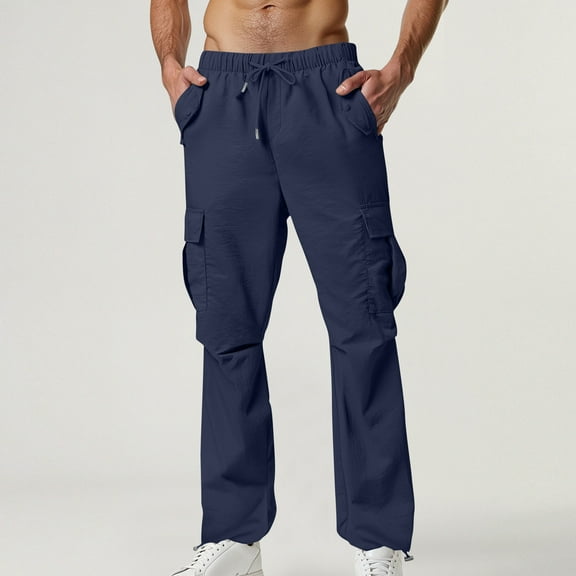 Fnnxeal Mens Cargo Pants- Solid Elastic Waist Drawstring Trouser Navy Pants for Men Size XL