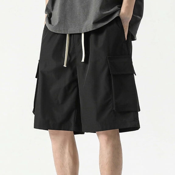 Fnnxeal Mens Cargo Shorts Relaxed Fit-Elastic Waist Solid Outdoor Summer Casual Drawstring Shorts with Multi Pockets Black