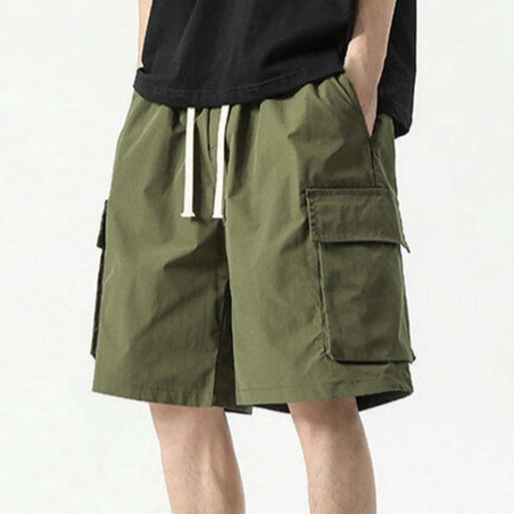 Fnnxeal Mens Cargo Shorts Relaxed Fit-Summer Solid Elastic Waist Casual Outdoor Drawstring Shorts with Multi Pockets Army Green