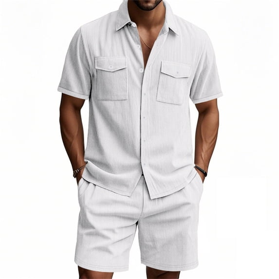 Fnnxeal Mens Casual 2 Piece Outfits Camp Shirt and Shorts Set White Cotton Stretch Breathable Wedding Guest Attire Button Down Summer Vacation Cruise Wear with Pockets,Size 3XL