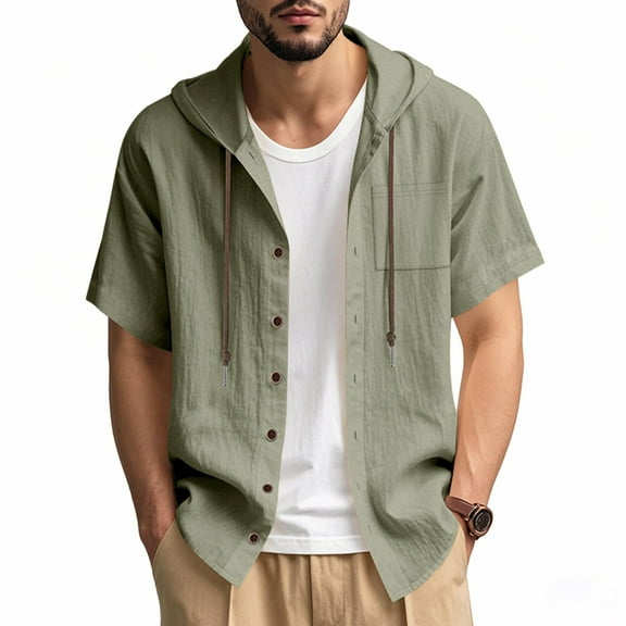Fnnxeal Mens Casual Button Down Shirts, Hooded Summer Shirt for Men Solid Breathable Shirts Men's Shirt with Short Sleeves Army Green S