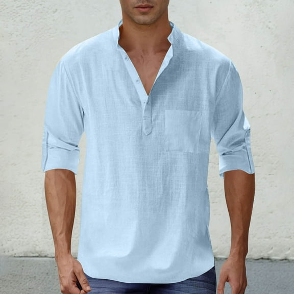 Fnnxeal Mens Casual Button Down Shirts, Men's Shirt with Short Sleeves Summer Shirt for Men Solid Breathable Shirts Henley Sky Blue M