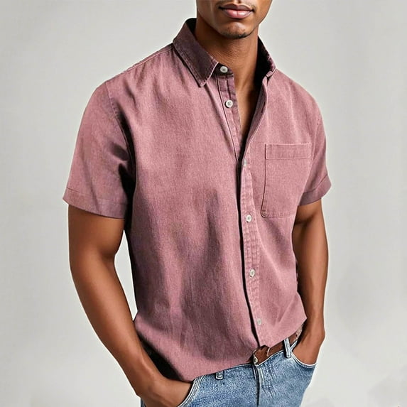 Fnnxeal Mens Casual Button Down Shirts, Solid Breathable Shirts Men's Shirt with Short Sleeves Summer Shirt for Men Collared Pink S