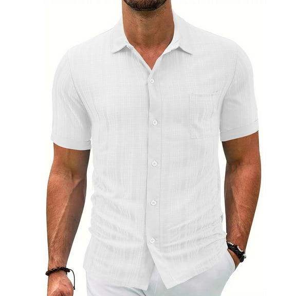 Fnnxeal Mens Casual Button Down Shirts, Solid Breathable Shirts Men's Shirt with Short Sleeves Summer Shirt for Men Collared White M