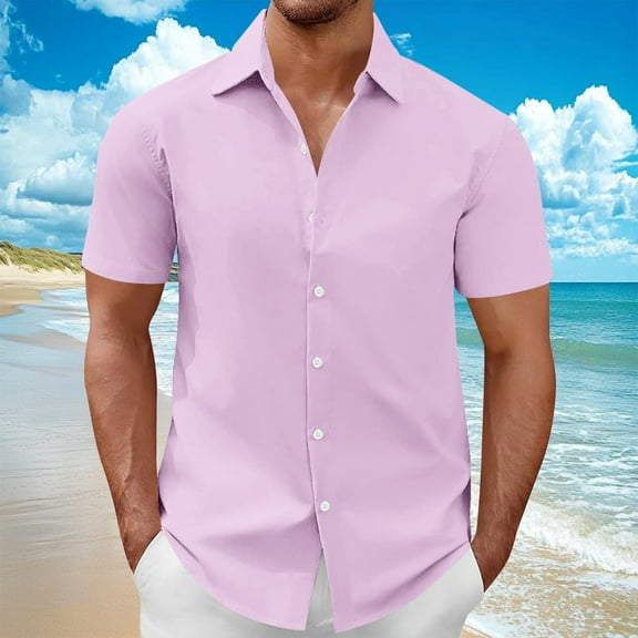 Fnnxeal Mens Casual Button Down Shirts, Solid Breathable Shirts Summer Shirt for Men Collared Men's Shirt with Short Sleeves Pink 2XL