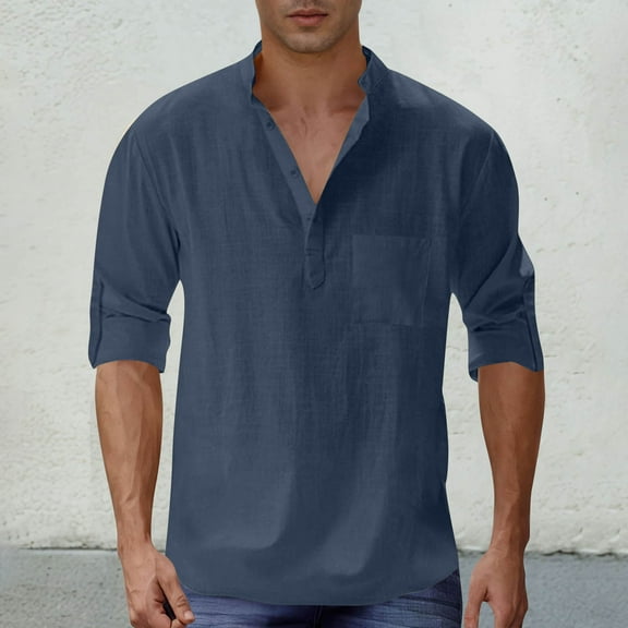 Fnnxeal Mens Casual Button Down Shirts, Solid Breathable Shirts Summer Shirt for Men Men's Shirt with Short Sleeves Henley Dark Blue L