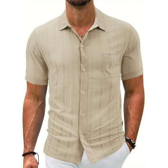 Fnnxeal Mens Casual Button Down Shirts, Summer Shirt for Men Collared Solid Breathable Shirts Men's Shirt with Short Sleeves Khaki M