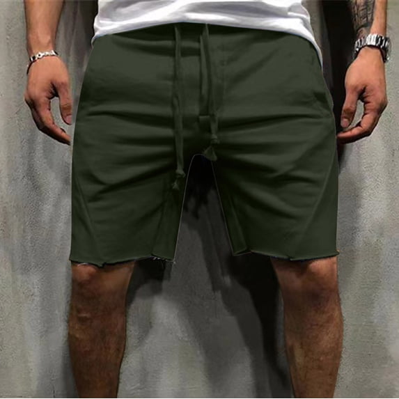 Fnnxeal Mens Casual Drawstring Shorts Cotton Blend Raw Hem Relaxed Fit Elastic Waist Active Lounge Shorts Army Green,Size 3XL
