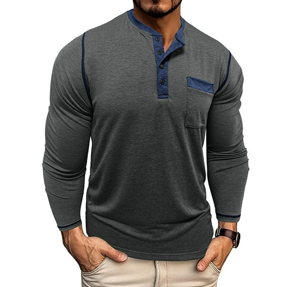 Fnnxeal Mens Casual Henley Shirts, Button Classic Fall Winter Long Sleeve Solid Dark Gray Lightweight Shirts with Pocket Size XL