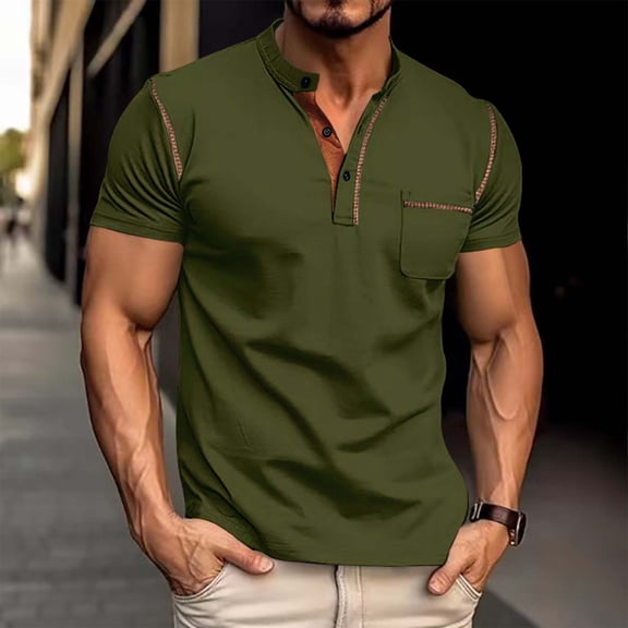 Fnnxeal Mens Casual Henley Shirts, Button Short Sleeve T-Shirt Solid Classic Summer Army Green Lightweight Tees with Pocket Size 3XL
