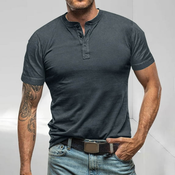 Fnnxeal Mens Casual Henley Shirts, Classic Summer Solid Button Cotton Short Sleeve T-Shirt Dark Gray Lightweight Tees for Men Size 2XL