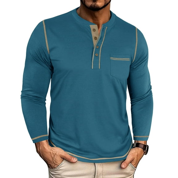 Fnnxeal Mens Casual Henley Shirts, Fall Winter Button Solid Cotton Long Sleeve Blue Lightweight Shirts with Pocket Size L