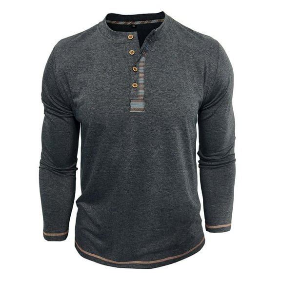 Fnnxeal Mens Casual Henley Shirts, Long Sleeve Solid Button Fall Winter Cotton Dark Gray Lightweight Shirts for Men Size 2XL
