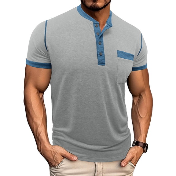 Fnnxeal Mens Casual Henley Shirts, Solid Summer Button Short Sleeve T-Shirt Classic Gray Lightweight Tees with Pocket Size L