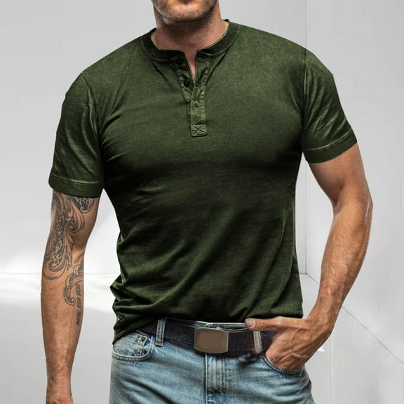 Fnnxeal Mens Casual Henley Shirts, Summer Solid Classic Button Cotton Short Sleeve T-Shirt Army Green Lightweight Tees for Men Size L