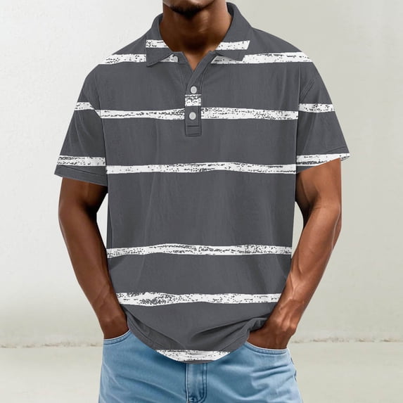 Fnnxeal Mens Casual Polo Shirt Gray Striped Short Sleeve Performance Moisture Wicking Stretch Breathable Summer Golf Top,Size M
