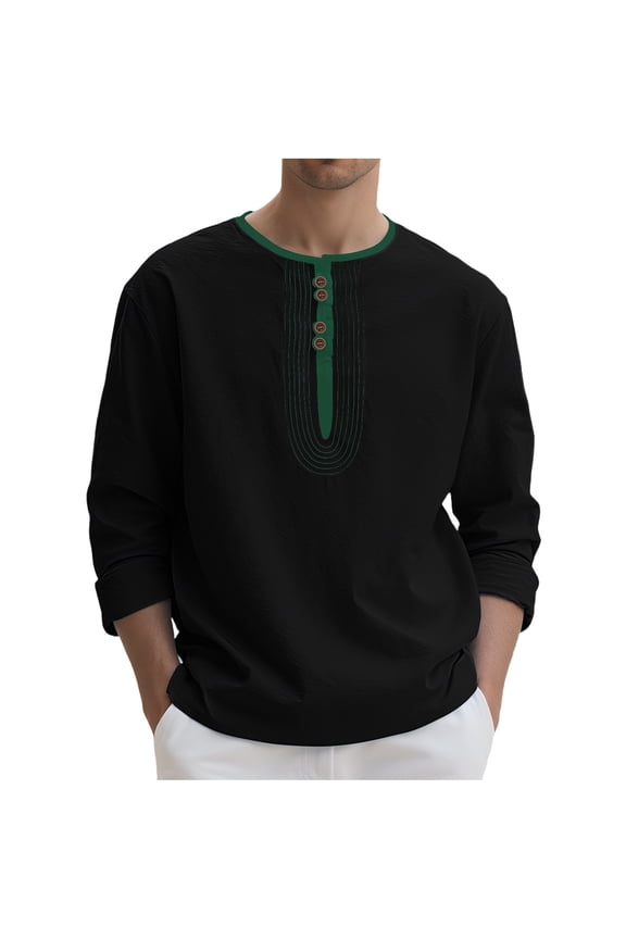 Mens Casual Shirts Fall Winter Linen Breathable Crew Neck Solid Black Long Sleeve Shirts for Men Size M