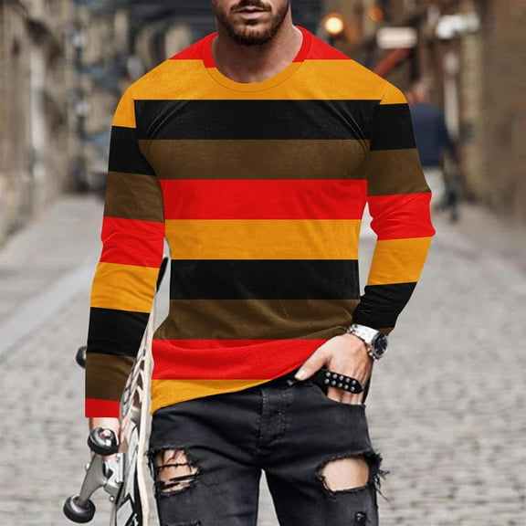 Fnnxeal Mens Casual Shirts Print Crew Neck Breathable Fall Winter Striped Orange Long Sleeve Shirts for Men Size 2XL