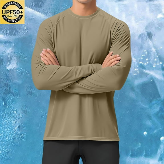 Fnnxeal Mens Casual Shirts Quick-Drying with Sports Breathable Crew Neck Fall Winter Solid Army Green Long Sleeve Shirts for Men Size XL