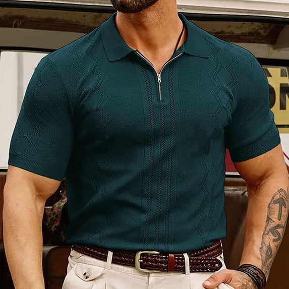 Fnnxeal Mens Casual Short Sleeve Half Zip Knit Polo Shirt - Textured Geometric Slim Fit Breathable Top - Green (Sizes M to XXXL),Size M