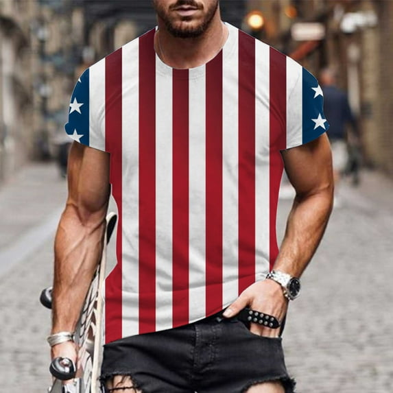 Fnnxeal Mens Classic American Flag T-Shirt Red White Blue Watercolor Brushstroke 3D All Over Print Big and Tall M to 7XL USA 250th Anniversary,Size XL