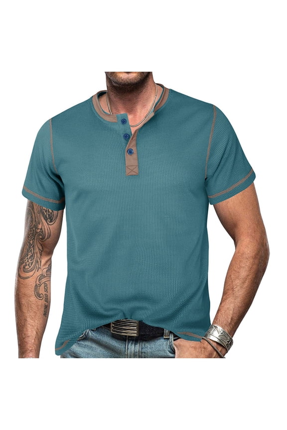 Mens Cotton Henley Shirt Short Sleeve Casual Tee Button Placket Chest Pocket Light Blue S-XXL,Size L