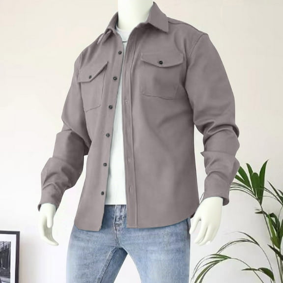 Fnnxeal Mens Cotton Jackets Long Sleeves Shirts Fall Winter Outdoor Windbreaker Lightweight Shirts Coat with Pockets Casual Gray Jackets for Men Size S