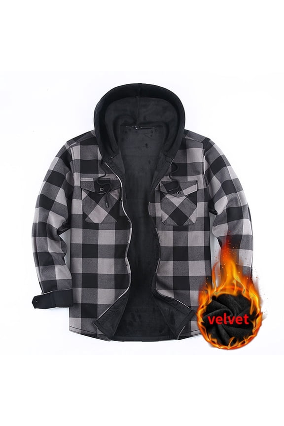 Mens Fall Jackets Long Sleeves Casual Multi-Pockets Plaid Outwear Hoodide Gray Jackets for Men Size S