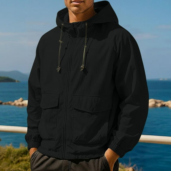 Fnnxeal Mens Fall Jackets Zipper Multi-Pockets Casual Long Sleeves Outwear Hoodide Black Jackets for Men Size 3XL