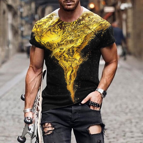 Fnnxeal Mens Funny Beer T-Shirts Frothy Fresh Golden Beer Design Soft Stretch Fabric Short Sleeve Crew Neck Summer Graphic Tee Big Tall Sizes Yellow,Size XL