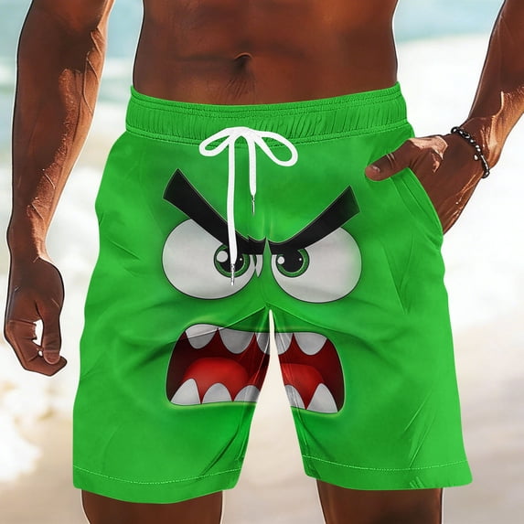 Fnnxeal Mens Funny Cartoon Face Print Swim Trunks Board Shorts Quick Dry Beach Shorts Novelty Graphic with Pockets Drawstring Green,Size S