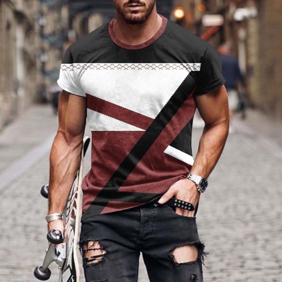 Fnnxeal Mens Geometric Color Block Print Short Sleeve Casual Streetwear T-Shirt, Big & Tall Sizes, Coffee Brown,Size M